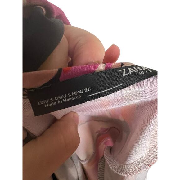 Zara High Neck Pink Floral Print Elbow Sleeve Tie Back Midi Dress Size Small - Picture 10 of 12